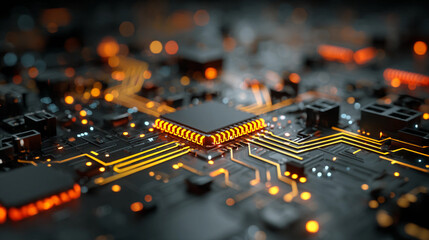 Intricate computer processor highlighted with glowing circuits against a dark background.
