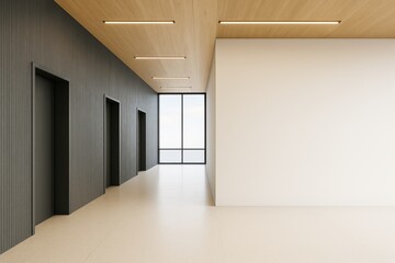 Wall Mural - minimalist interior hallway with black doors, light wood ceiling, large glass window, and beige floo