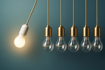 Wall Mural - hanging light bulbs with one illuminated on teal background symbolizing innovation and creativity in
