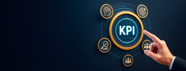 Wall Mural - business kpi dashboard interface with icons and hand pointing on dark background for strategy, perfo