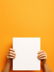 Wall Mural - hands holding blank white square paper sheet against vibrant orange background, ideal for copy space