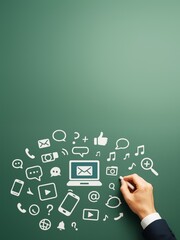 Wall Mural - business communication icons drawn on green background with hand holding chalk for presentation or a