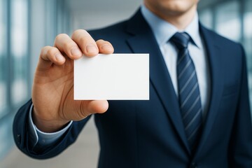 Wall Mural - businessman holding blank white business card with clean background for branding or design template 