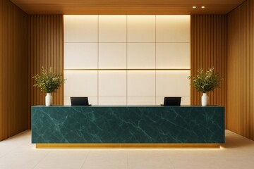 Wall Mural - modern reception desk in elegant business interior with green marble counter and wooden panel walls,