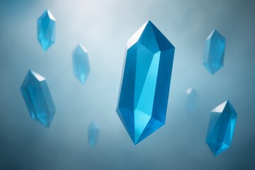 Wall Mural - floating sharp-edged blue crystals suspended in light misty airspace with soft background glow and a