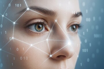 Wall Mural - close-up of woman's face with biometric scanning grid and binary code on abstract technology light b
