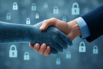 Wall Mural - human and digital handshake symbolizing cybersecurity agreement with futuristic technology light bac