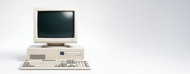 Wall Mural - vintage beige desktop computer with crt monitor and keyboard on light gradient background, ideal for