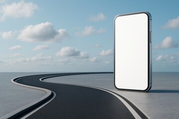 Wall Mural - smartphone with blank screen mockup standing on winding road under blue sky with clouds on minimal b