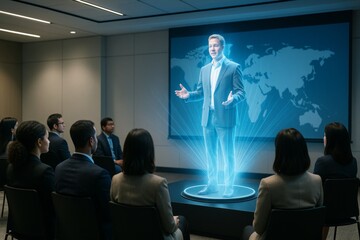 Wall Mural - business team watching hologram speaker in corporate meeting with futuristic technology and digital 