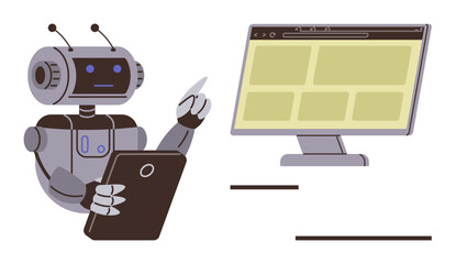 Robot holding tablet points at monitor displaying website layout. Ideal for AI, technology, automation, robotics, programming, digital communication, human-machine interaction. Simple flat metaphor