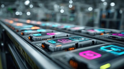 An array of battery cells lined up on a conveyor belt each displaying glowing indicators that signify the successful embedding of blockchain chips set against a stark industrial background.