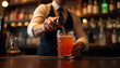 © BeeSee - Counter, alcohol and hands of waiter with glass for customer service, order and hospitality. Nightclub, pub and bartender pour drinks, beverage and liquid for serving people created with generative ai