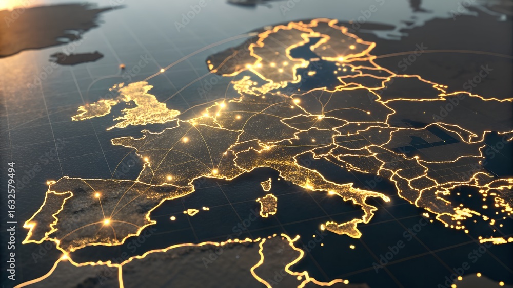 Glowing Map of Europe with City Lights and Connections Stock Photo ...