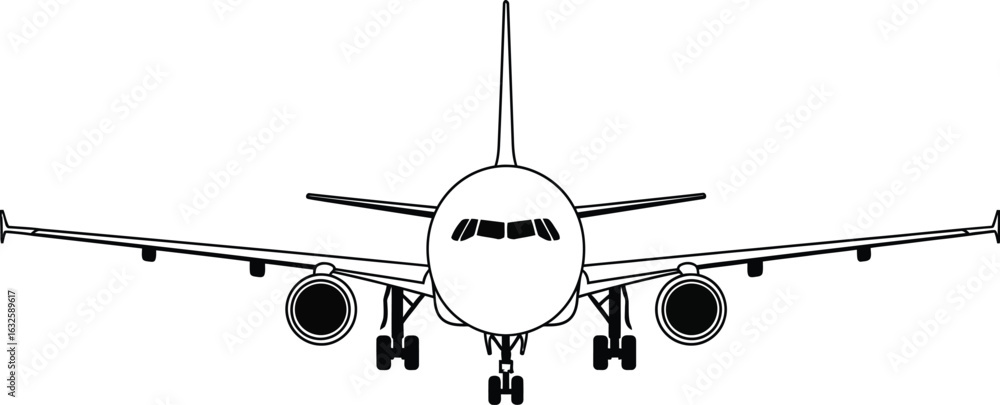Airplane black and white illustration front view drawing Stock Vector ...