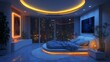 © jakiyo - Modern bedroom with city lights and accent lighting.