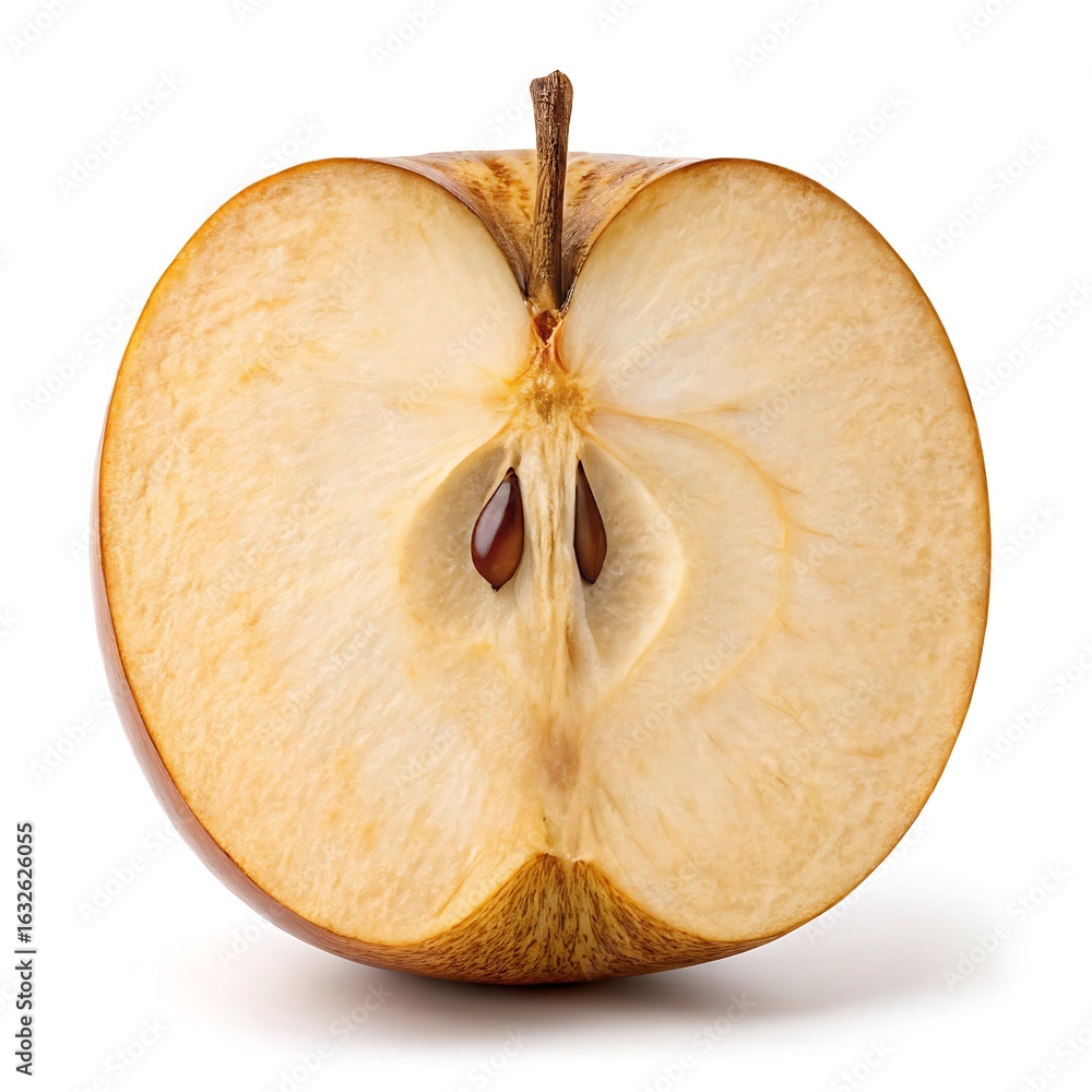 Freshly cut half of a brown apple showcasing the inner seeds and ...
