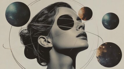 Wall Mural - a woman wearing sunglasses with a backdrop of stars and planets