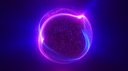 Wall Mural - futuristic glowing orb with bright violet and pink arcs forming a dynamic digital structure over a d