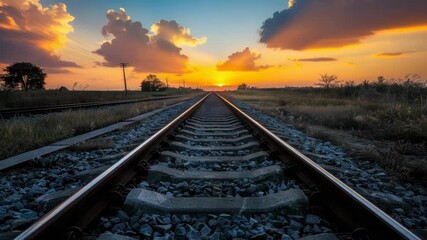 Wall Mural - A train track scene with a beautiful sunset in the background, suitable for use in travel or adventure-themed projects
