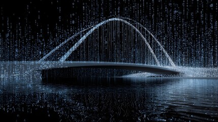 A digital bridge of light connects the gap as numeric code rains down onto a reflective surface.