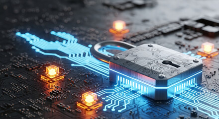 Horizontal lock with blue light on an electronic circuit. Cyber security data protection business privacy concept