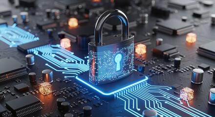 Horizontal lock with blue light on an electronic circuit. Cyber security data protection business privacy concept