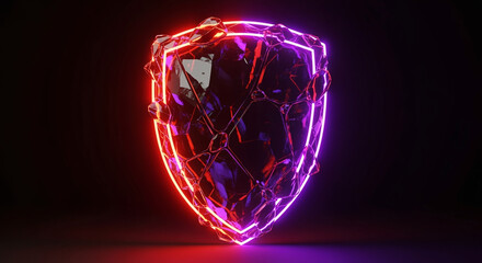 Glowing shield security cyber protection neon light abstract technology digital safety future concept