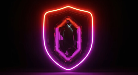 Glowing shield security cyber protection neon light abstract technology digital safety future concept