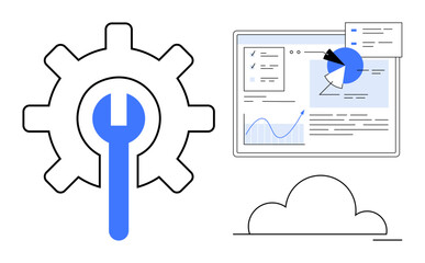 Gear and wrench, cloud, data dashboard with charts, graphs, and interface elements. Ideal for technology, analytics, cloud computing, development configuration data management simple landing page