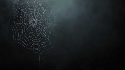 Intricate spider web glistening in the misty darkness of a forest