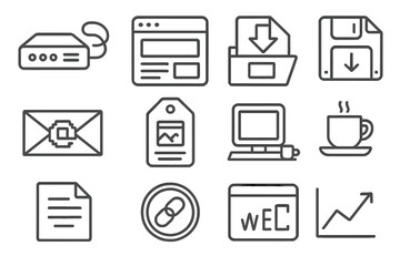 Retro Internet Icons. Line style icons of internet history: dial-up modem icon, early browser screen, web 1.0 layout, floppy disk