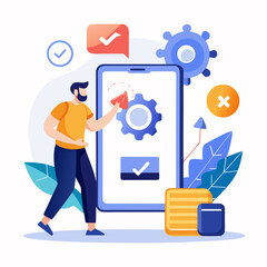 Person interacting with mobile phone for app development and configuration Keywords: mobile, phone, app, development, configuration, settings, gears, checkmark, cross, notification, speech bubble