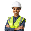 © Shahnaj - Smiling construction worker woman wearing a white safety helmet and bright yellow high visibility vest isolated on transparent background