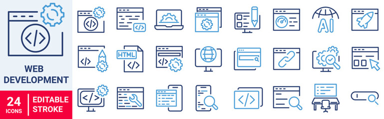 Web Development icon set. Website, Programming coding icon set. Software development icon collection. Programmer and developer symbol vector illustration.