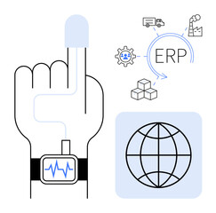 Wall Mural - smartwatch-connected hand interacting with erp system, logistics, factory, and global network icons.