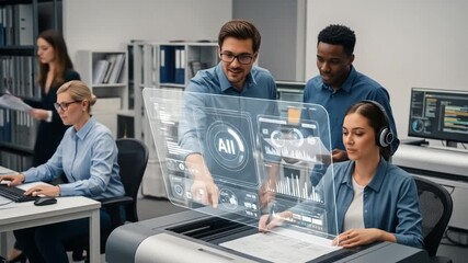 Team Collaborates on AI Project with Futuristic Interface