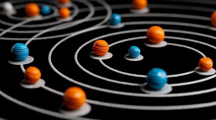 Wall Mural - celestial spheres in orbit, orange and blue, on black background