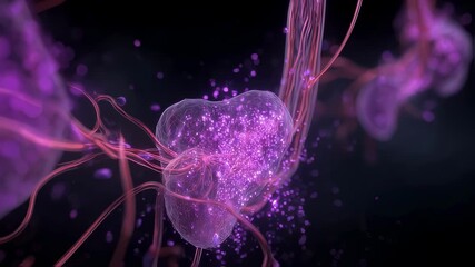 Wall Mural - Scientific animation highlighting ketone body synthesis in liver with purple gas particles dispersing through circulatory system.