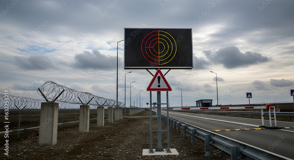 Border Checkpoint Railing High Security Border Crossing with Radar Sign and Barbed Wire Fence ...