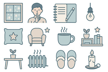 Wall Mural - cozy hygge home icon set with winter window, quiet gesture, notebook, hanging lamp, pillow, armchair