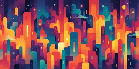 Colorful cityscape with buildings of different heights and colors. The image is a vibrant