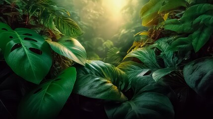 Wall Mural - dense jungle filled with vibrant green foliage, including large leaves and tall plants