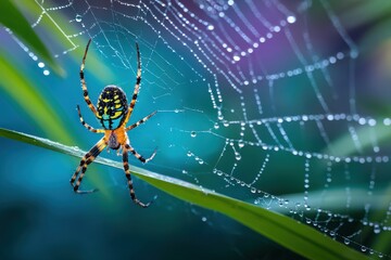 Colorful spider weaves intricate web adorned with dewdrops in serene morning light beside lush green foliage