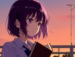 © 炎天下 - 女の子　紫色の髪　ショートヘアー　女子高生　夏服　夕方　学校　放課後