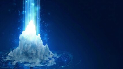 Wall Mural - abstract digital art depicts a glowing, polygonal ice mountain illuminated from above by bright blue