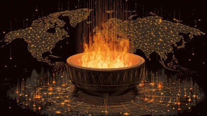 Wall Mural - a stylized image of a burning fire pit with a world map backdrop, a digital connection grid