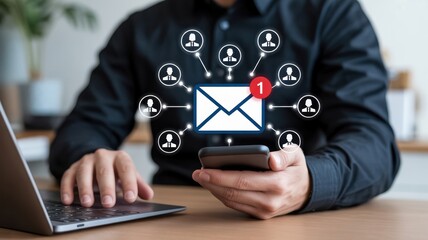 Man using smartphone and laptop with email and network icons