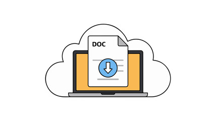 Wall Mural - Digital Document Download within Cloud, Featuring a Laptop Computer and Document Icon Design on White Backdrop