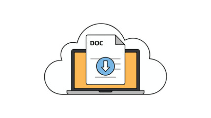 Wall Mural - Digital Document Download within Cloud, Featuring a Laptop Computer and Document Icon Design on White Backdrop
